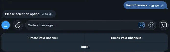 SellGram Paid Channels menu with Create Paid Channel and Check Paid Channels options