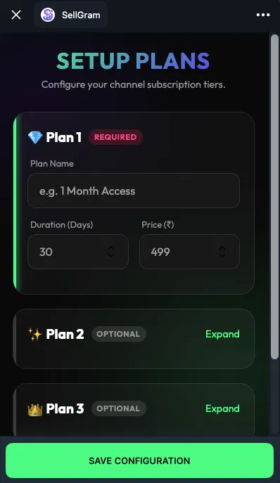 SellGram Setup Plans form showing Plan Name, Duration in Days, and Price fields.