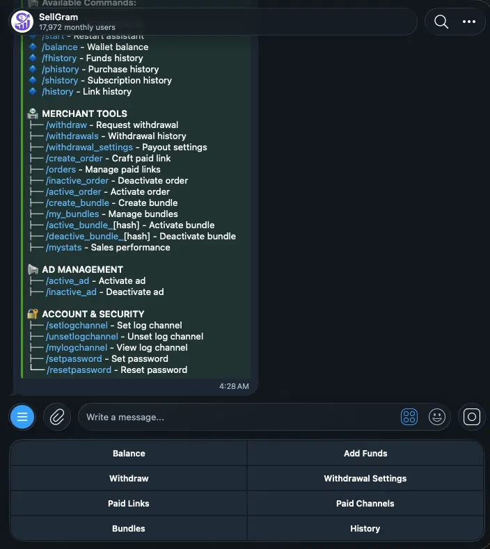 SellGram bot main menu showing all available commands and quick-access buttons