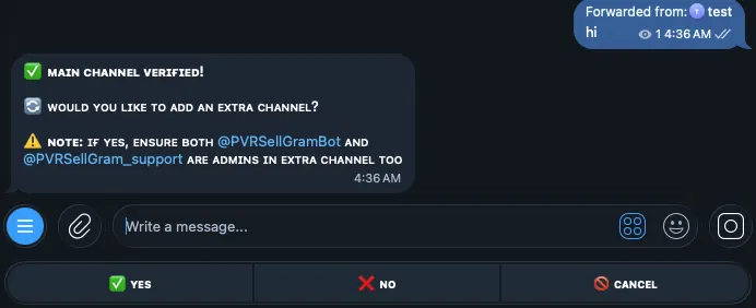 SellGram main channel verified confirmation with option to add an extra channel