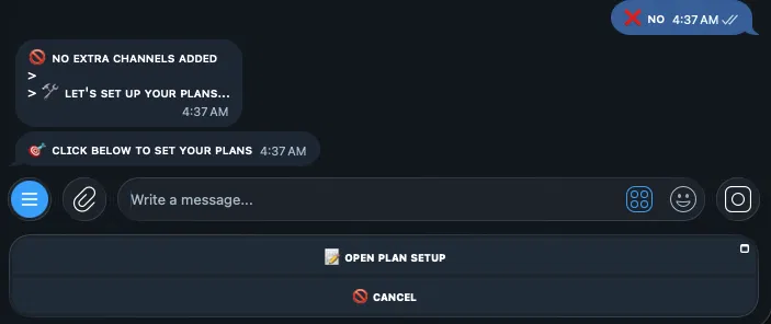 SellGram prompt to open plan setup after channel verification