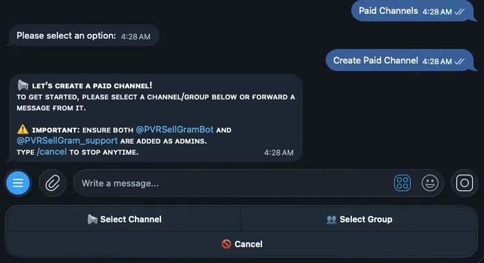 SellGram prompt to select a channel or group, with admin requirement warning